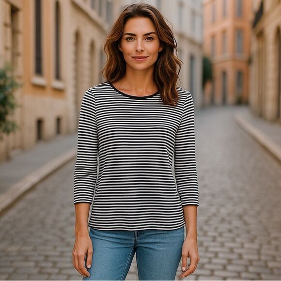 J.Jill Wearever Tunic Sweater Top Stripe Black White Staple Mature Size M Petite - Picture 1 of 9